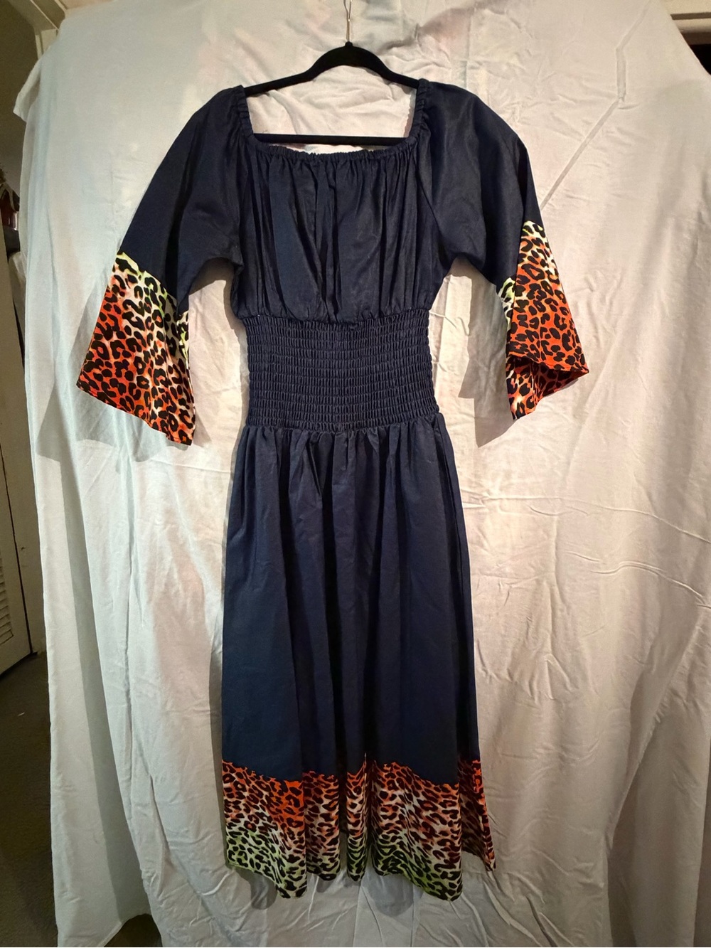 Women’s Navy Smocked Waist Dress with Leopard Print Trim